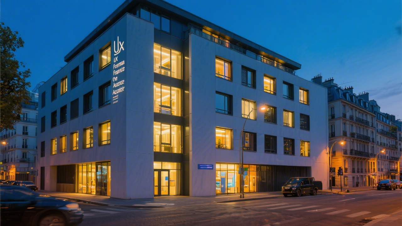 Exterior view of modern parisian building at dusk representing UX Formation France Academy campus with illuminated windows and vibrant urban atmosphere