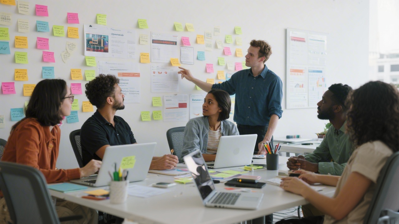 Modern collaborative design studio with multicultural team reviewing user research insights on large wall covered with sticky notes and laptops open on prototyping tools