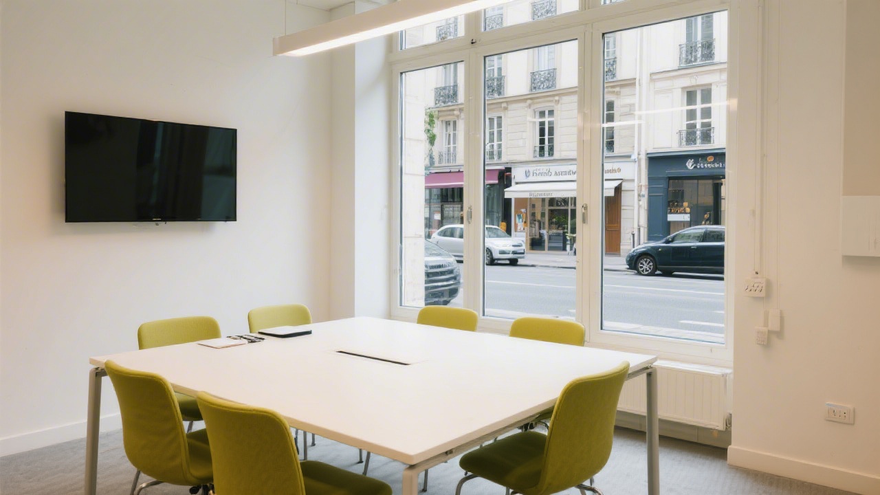 Bright meeting room at UX Formation France Academy with large windows overlooking Paris street and table prepared for client consultation