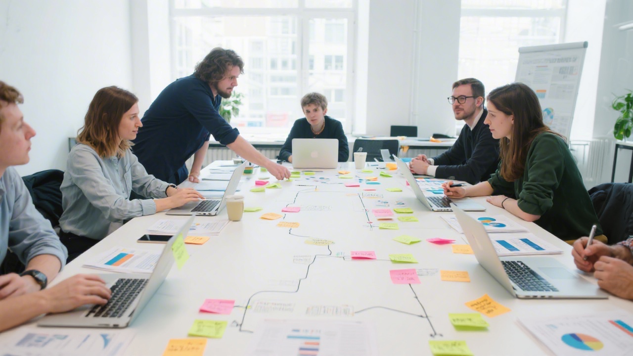 Professional UX workshop with designers mapping customer journey on large table filled with sticky notes laptops and research reports in bright collaborative space